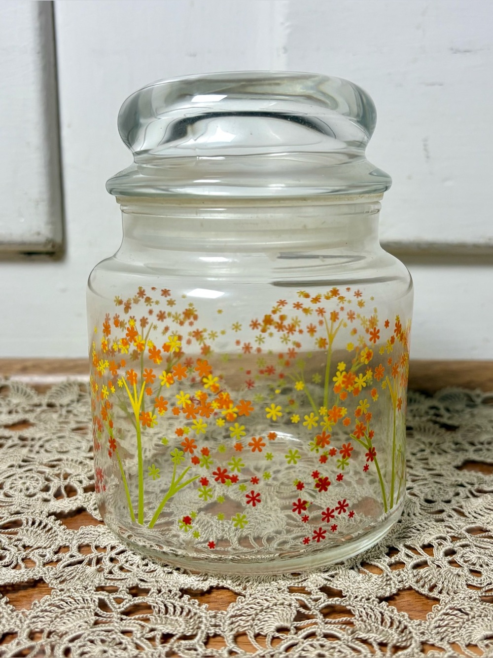Vintage 70s Anchor Hocking Orange Yellow Floral Sealed Storage Jar Canister